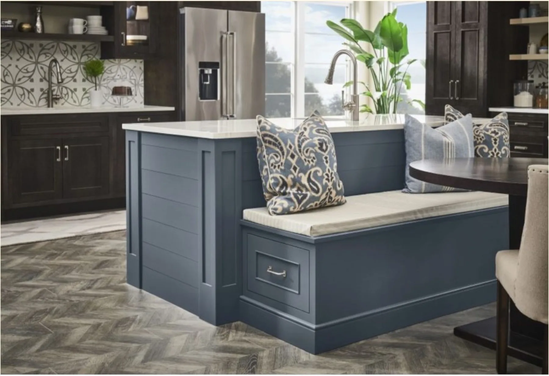 Custom island with bench seat by Cabinet Fantastic
